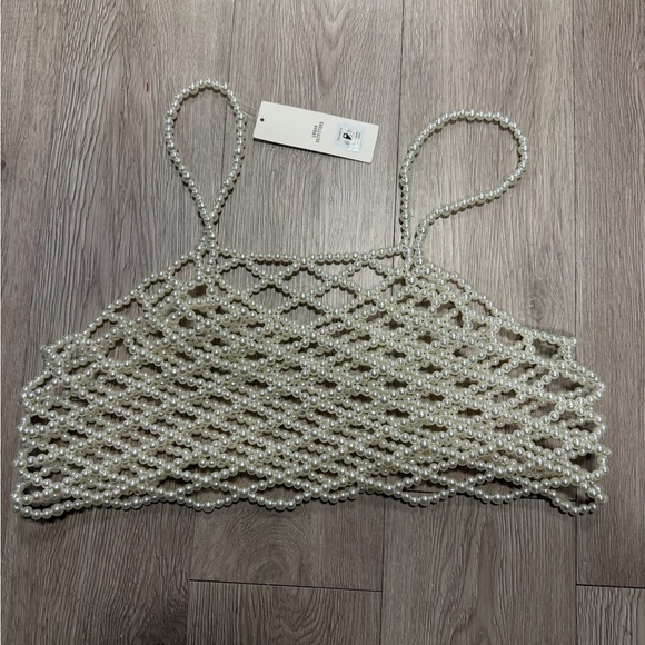Urban Outfitters Cream Pearl Embellished Crop Top - Picture 2 of 4